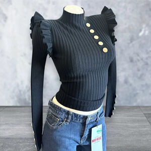 Black Ribbed Ruffle Buttoned Women's Blouse